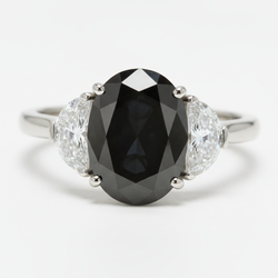 Bague de mariage trois pierres en diamant noir véritable ovale et demi-lune 4,6 carats en Or Blanc 14 carats