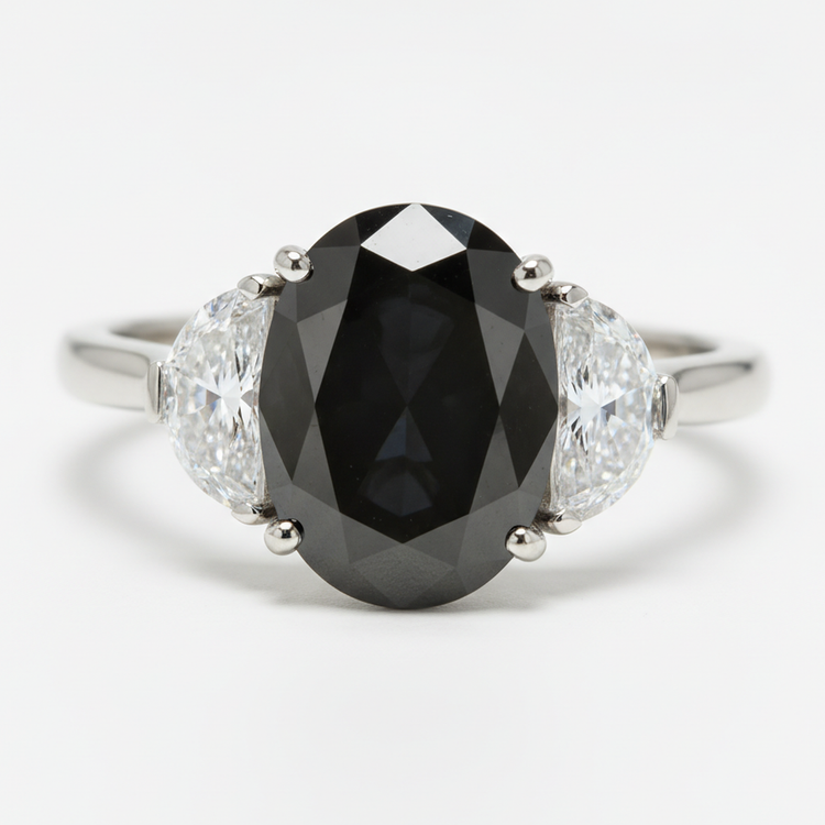 Bague de mariage trois pierres en diamant noir véritable ovale et demi-lune 4,6 carats en Or Blanc 14 carats