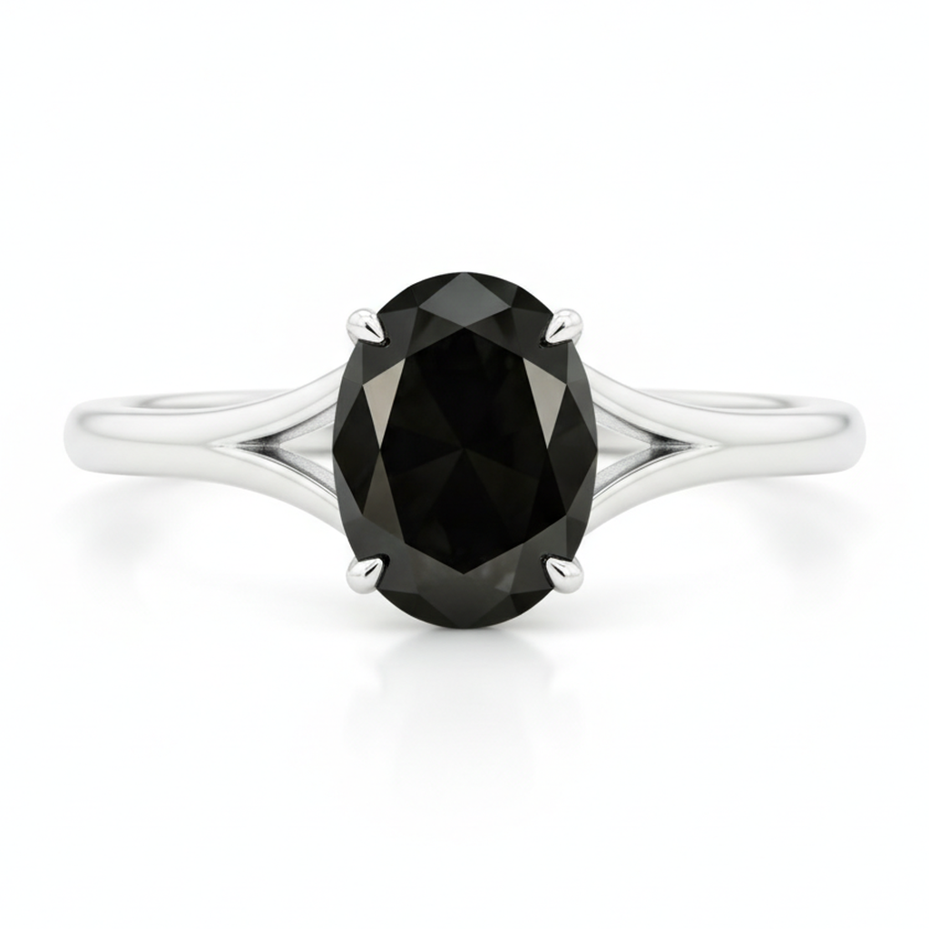 Bague de Fiançailles Solitaire Cathédrale Diamant Noir Naturel Ovale 5 Carats en Or Blanc 14 Carats