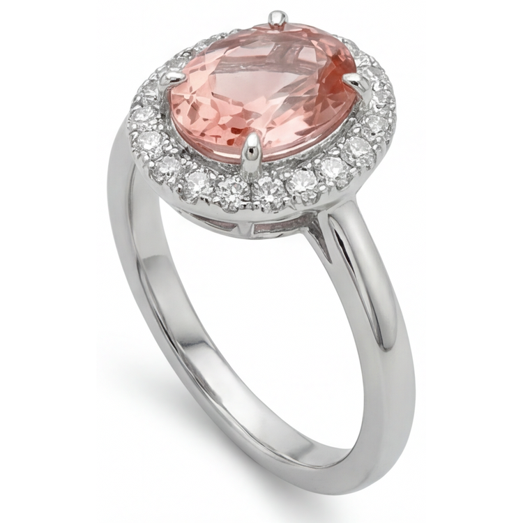 Bague Saphir Padparadscha de laboratoire Ovale 4,3 Carats Halo Or Blanc 14K