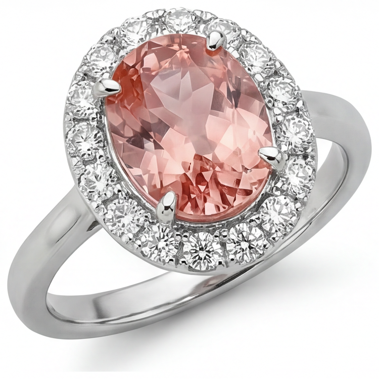 Bague Saphir Padparadscha de laboratoire Ovale 4,3 Carats Halo Or Blanc 14K