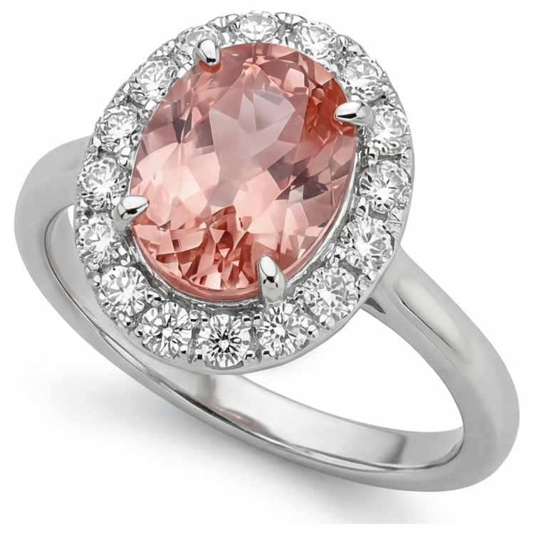 Bague Saphir Padparadscha de laboratoire Ovale 4,3 Carats Halo Or Blanc 14K