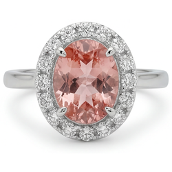 Bague Saphir Padparadscha de laboratoire Ovale 4,3 Carats Halo Or Blanc 14K