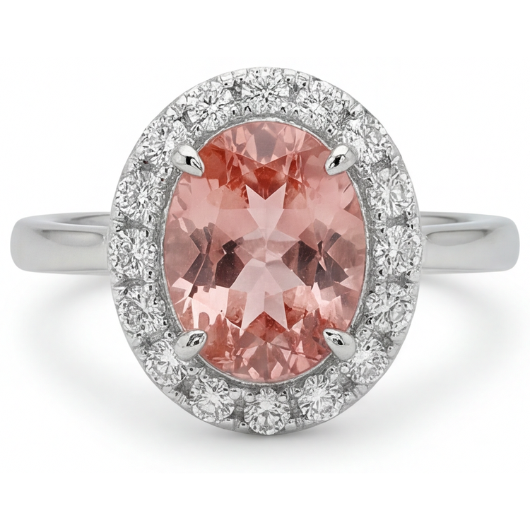 Bague Saphir Padparadscha de laboratoire Ovale 4,3 Carats Halo Or Blanc 14K