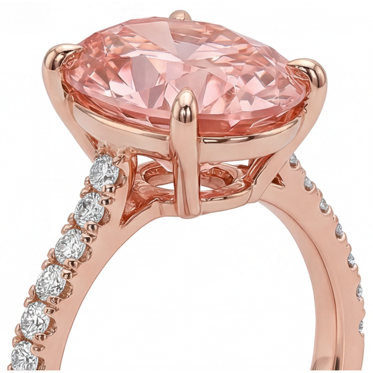 Bague Saphir Padparadscha 4,3 Carats de laboratoire Ovale Pavé Or Rose 14 carats