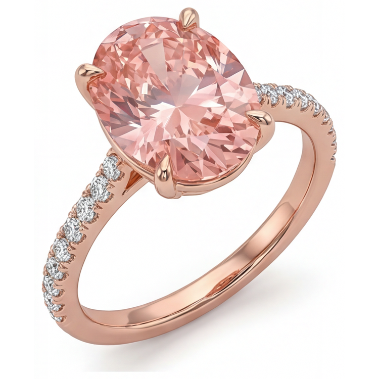 Bague Saphir Padparadscha 4,3 Carats de laboratoire Ovale Pavé Or Rose 14 carats