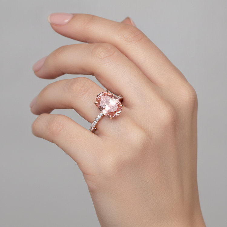 Bague Saphir Padparadscha 4,3 Carats de laboratoire Ovale Pavé Or Rose 14 carats
