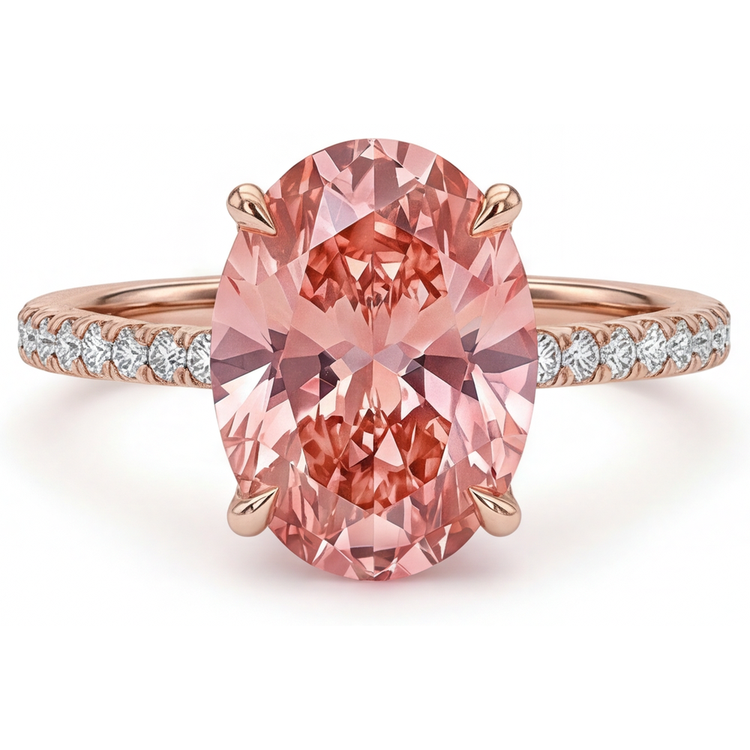 Bague Saphir Padparadscha 4,3 Carats de laboratoire Ovale Pavé Or Rose 14 carats