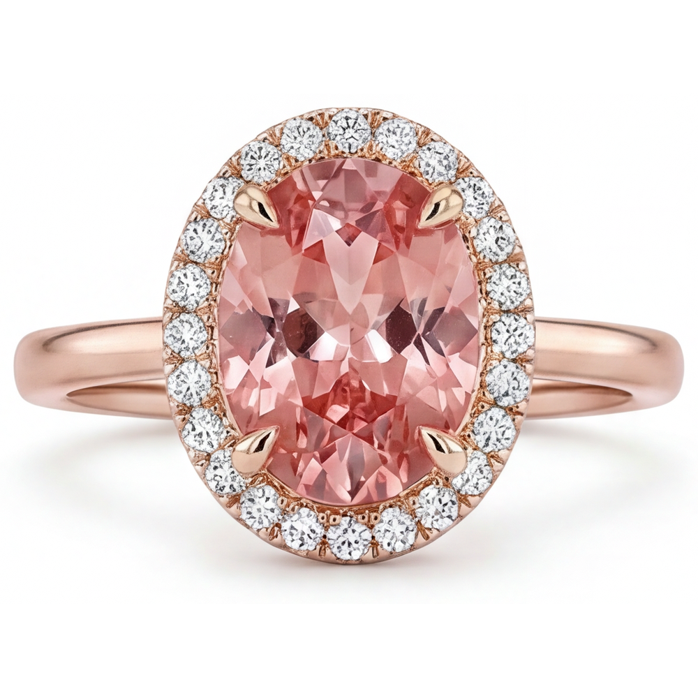 Bague en saphir Padparadscha pêche naturel ovale 2,8 carats Halo simple en Or Rose 14 carats