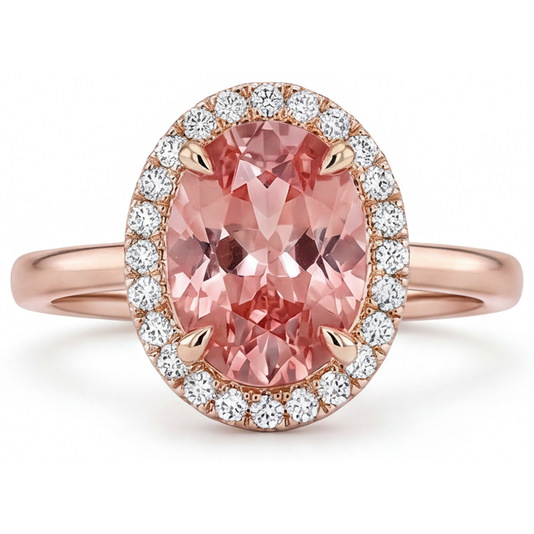 Bague en saphir Padparadscha pêche naturel ovale de 2,8 carats, Halo, anneau simple en Or Rose 14 carats