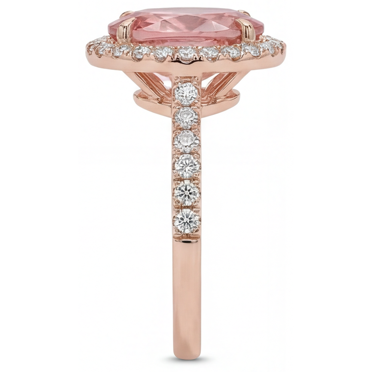 Bague Vintage en Saphir Padparadscha Véritable 2,8 Carats, Halo Ovale Pavé, Or Rose 14 Carats