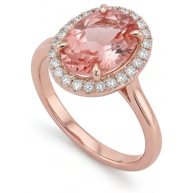 Bague en saphir Padparadscha pêche naturel ovale de 2,8 carats, Halo, anneau simple en Or Rose 14 carats