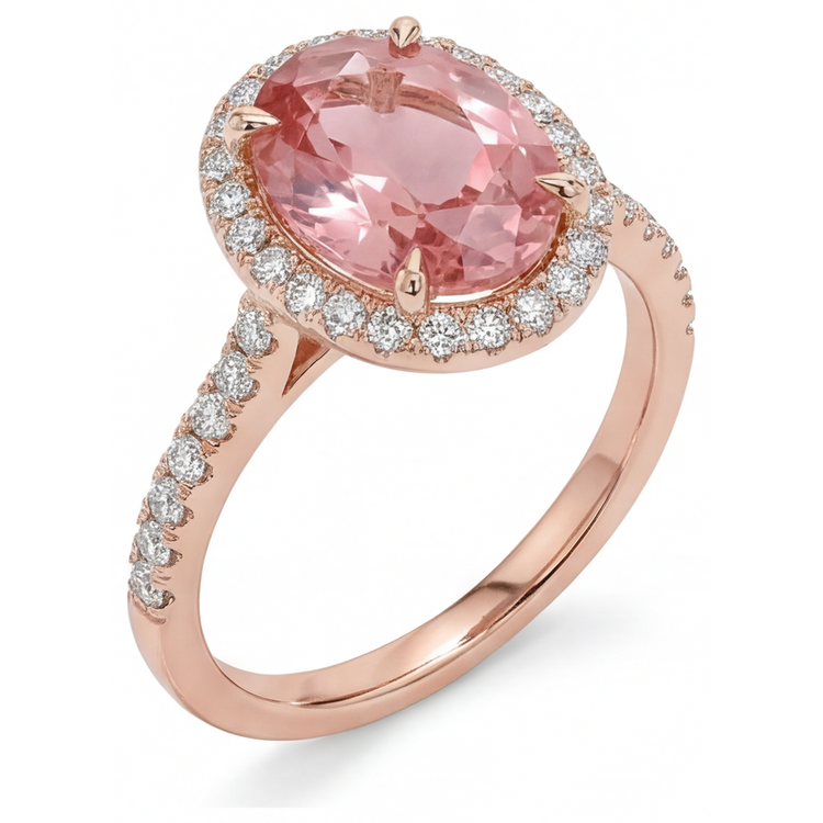 Bague Vintage en Saphir Padparadscha Véritable 2,8 Carats, Halo Ovale Pavé, Or Rose 14 Carats