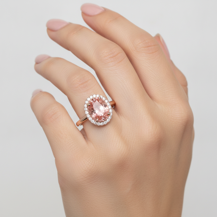 Bague en saphir Padparadscha pêche naturel ovale de 2,8 carats, Halo, anneau simple en Or Rose 14 carats