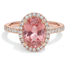 Bague Vintage en Saphir Padparadscha Véritable 2,8 Carats, Halo Ovale Pavé, Or Rose 14 Carats