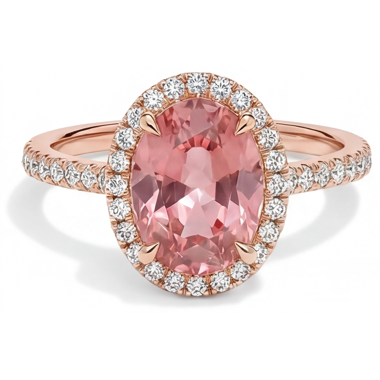 Bague Vintage en Saphir Padparadscha Véritable 2,8 Carats, Halo Ovale Pavé, Or Rose 14 Carats