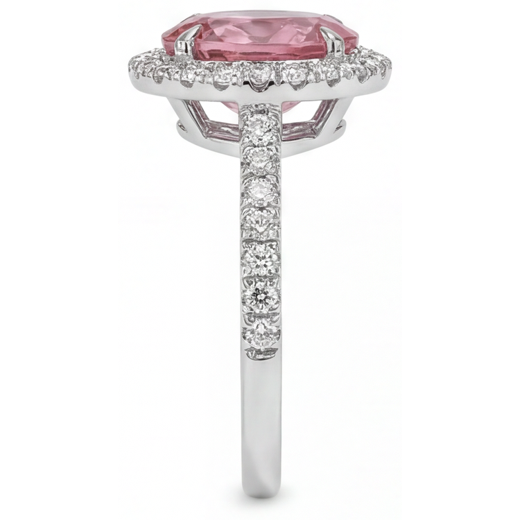 Bague de Fiançailles Halo Saphir Padparadscha Pêche Naturel Ovale 2,8 Carats en Or Blanc 14K