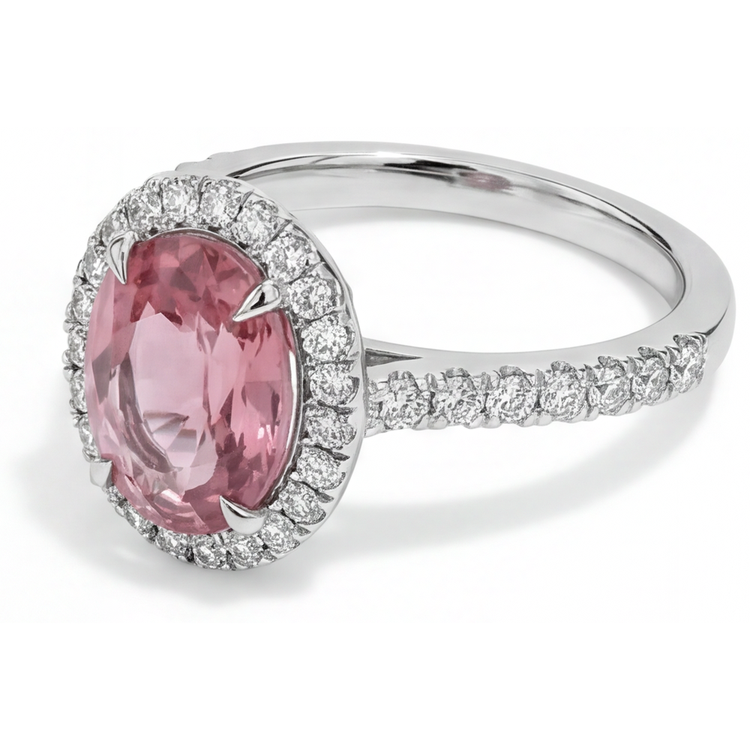 Bague de Fiançailles Halo Saphir Padparadscha Pêche Naturel Ovale 2,8 Carats en Or Blanc 14K