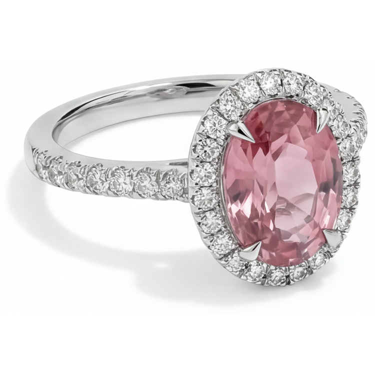 Bague de Fiançailles Halo Saphir Padparadscha Pêche Naturel Ovale 2,8 Carats en Or Blanc 14K