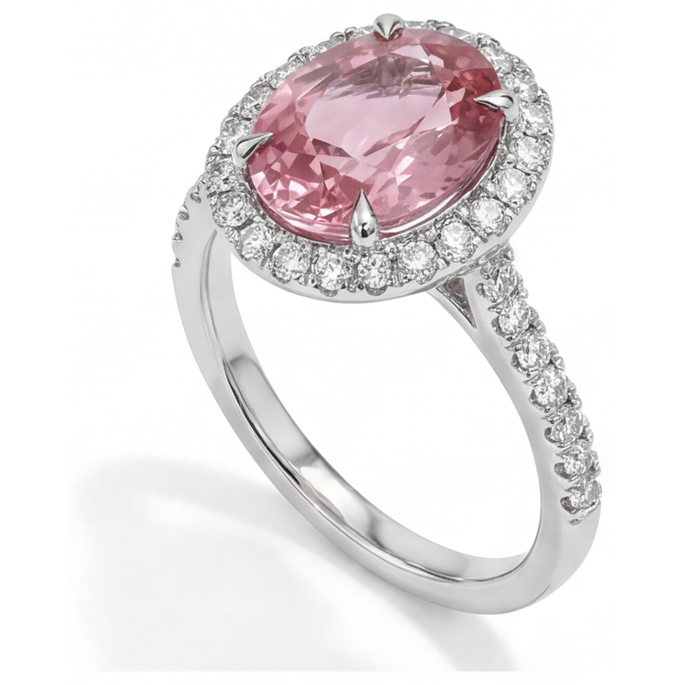 Bague de Fiançailles Halo Saphir Padparadscha Pêche Naturel Ovale 2,8 Carats en Or Blanc 14K