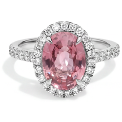 Bague de Fiançailles Halo Saphir Padparadscha Pêche Naturel Ovale 2,8 Carats en Or Blanc 14K