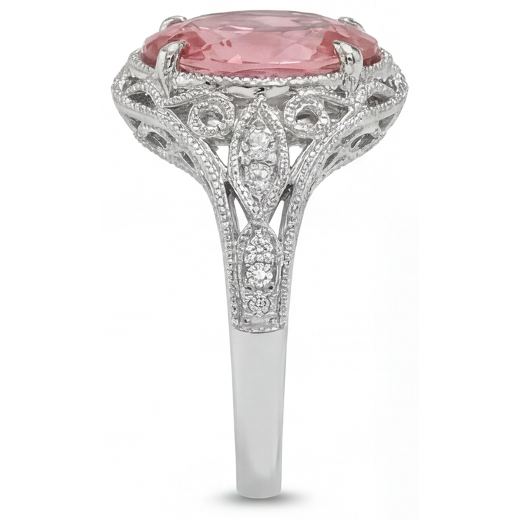 Bague Saphir Padparadscha Naturel Ovale 3,3 Carats Pavé en Or Blanc 14 Carats