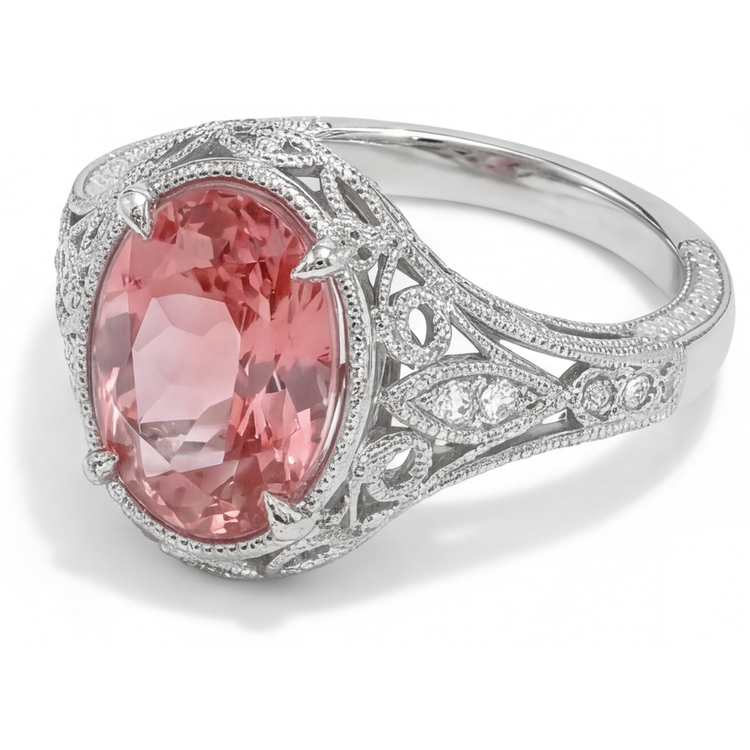 Bague Saphir Padparadscha Naturel Ovale 3,3 Carats Pavé en Or Blanc 14 Carats