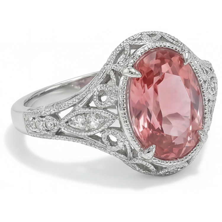 Bague Saphir Padparadscha Naturel Ovale 3,3 Carats Pavé en Or Blanc 14 Carats
