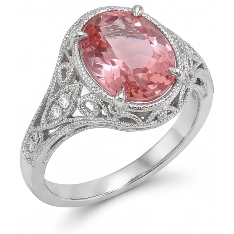 Bague Saphir Padparadscha Naturel Ovale 3,3 Carats Pavé en Or Blanc 14 Carats