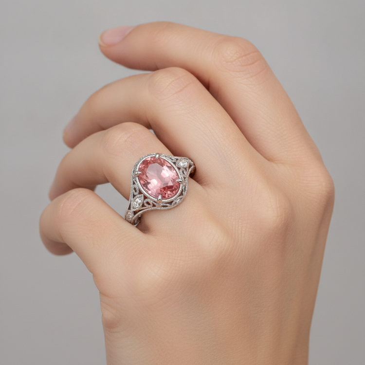 Bague Saphir Padparadscha Naturel Ovale 3,3 Carats Pavé en Or Blanc 14K