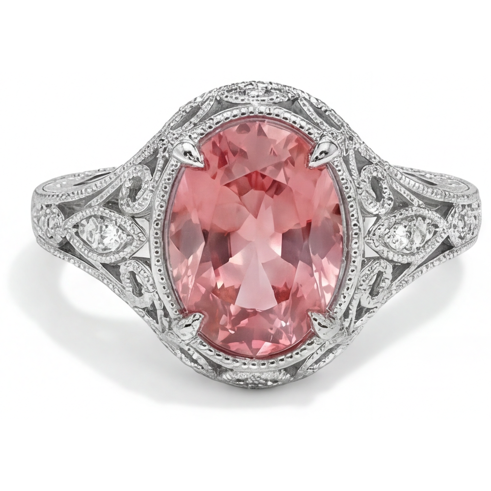 Bague Saphir Padparadscha Naturel Ovale 3,3 Carats Pavé en Or Blanc 14 Carats