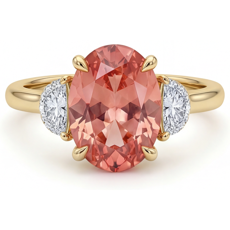 Bague trois pierres en Or Jaune 14K avec véritable saphir Padparadscha pêche ovale de 2,9 carats et demi-lunes blanches