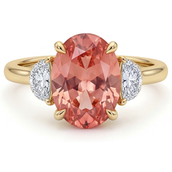 Bague trilogie en Or Jaune 14K avec saphir Padparadscha pêche véritable ovale de 2,9 carats et demi-lunes blanches