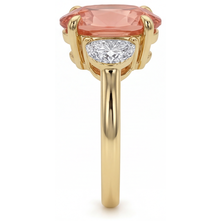Bague trois pierres en Or Jaune 14K avec véritable saphir Padparadscha pêche ovale de 2,9 carats et demi-lunes blanches