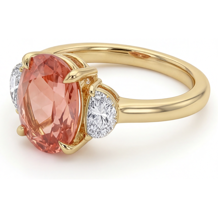 Bague trois pierres en Or Jaune 14K avec véritable saphir Padparadscha pêche ovale de 2,9 carats et demi-lunes blanches