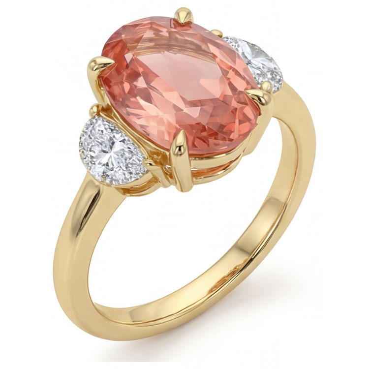 Bague trilogie en Or Jaune 14K avec saphir Padparadscha pêche véritable ovale de 2,9 carats et demi-lunes blanches