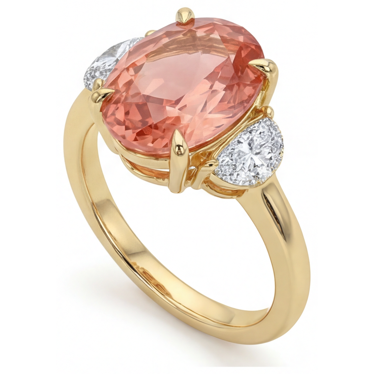 Bague trois pierres en Or Jaune 14K avec véritable saphir Padparadscha pêche ovale de 2,9 carats et demi-lunes blanches