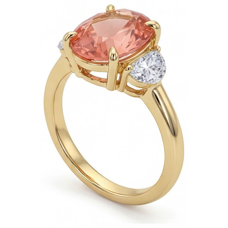 Bague de Fiançailles Trois Pierres en Or Jaune 14 Carats avec Véritable Saphir Padparadscha Pêche Ovale de 2,9 Carats et Demi-Lunes Blanches