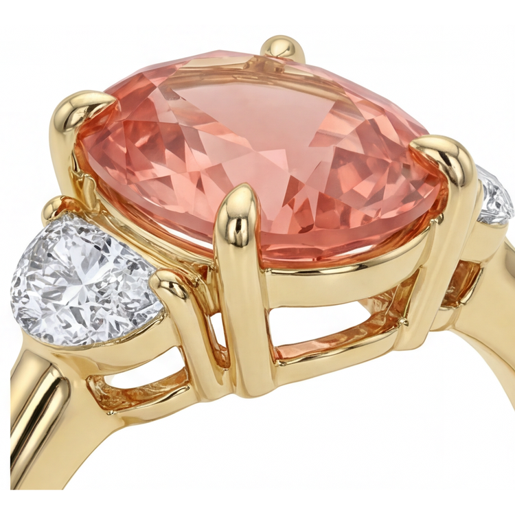 Bague de Fiançailles Trois Pierres en Or Jaune 14K avec Saphir Padparadscha Pêche Ovale Véritable de 2,9 Carats et Demi-Lunes Blanches