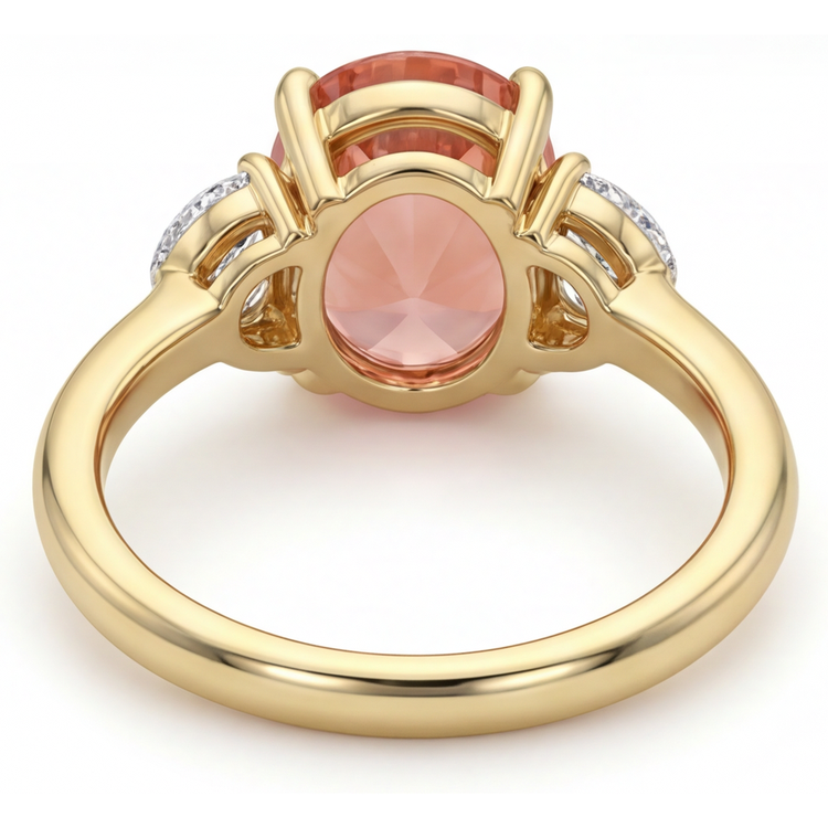 Bague de Fiançailles Trois Pierres en Or Jaune 14 Carats avec Véritable Saphir Padparadscha Pêche Ovale de 2,9 Carats et Demi-Lunes Blanches