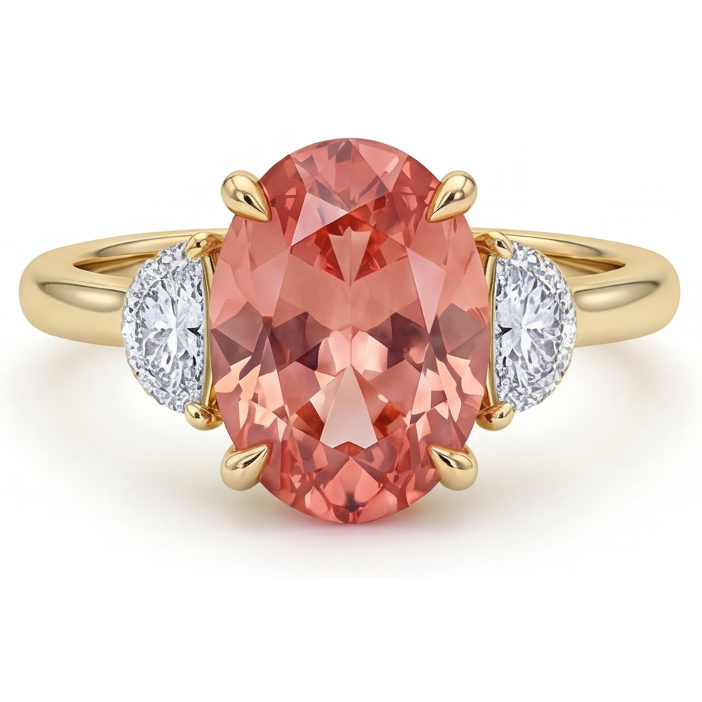 Bague de Fiançailles Trois Pierres en Or Jaune 14 Carats avec Véritable Saphir Padparadscha Pêche Ovale de 2,9 Carats et Demi-Lunes Blanches