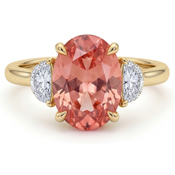 Bague de Fiançailles Trois Pierres en Or Jaune 14K avec Saphir Padparadscha Pêche Ovale Véritable de 2,9 Carats et Demi-Lunes Blanches