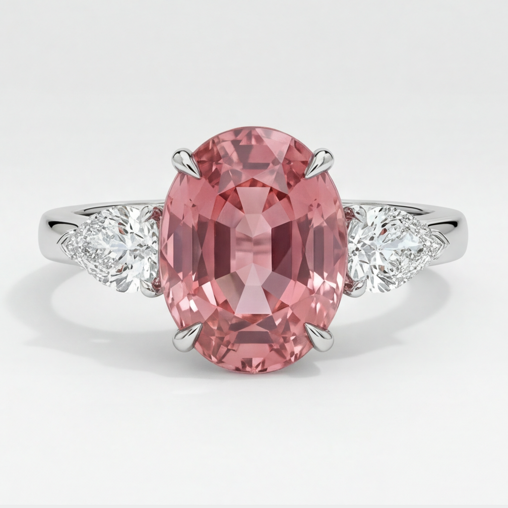 Bague de Fiançailles Saphir rose-orangé ovale authentique de 4,1 Carats, Trilogie en Platine