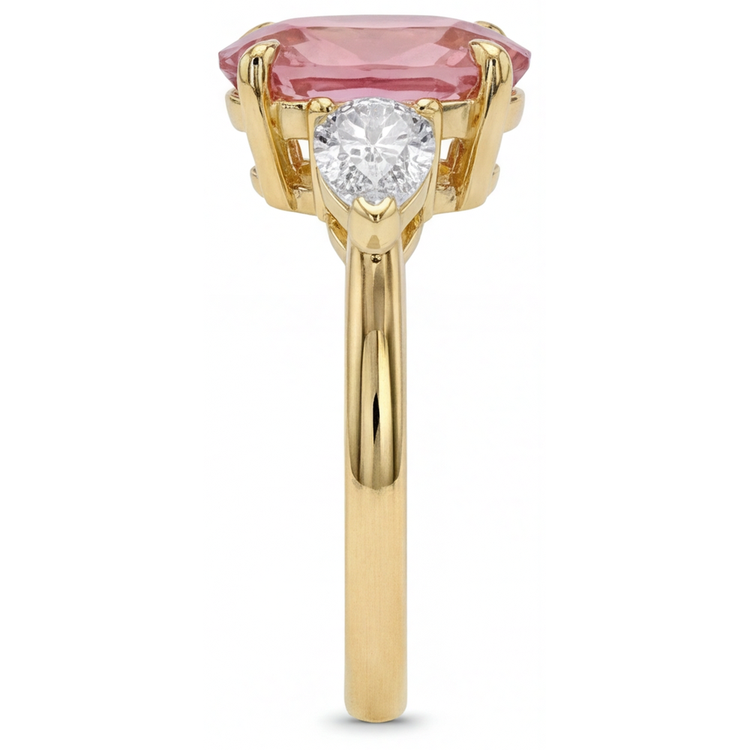 Bague trois pierres en Or Jaune 14 carats avec véritable saphir Padparadscha pêche ovale de 2,9 carats