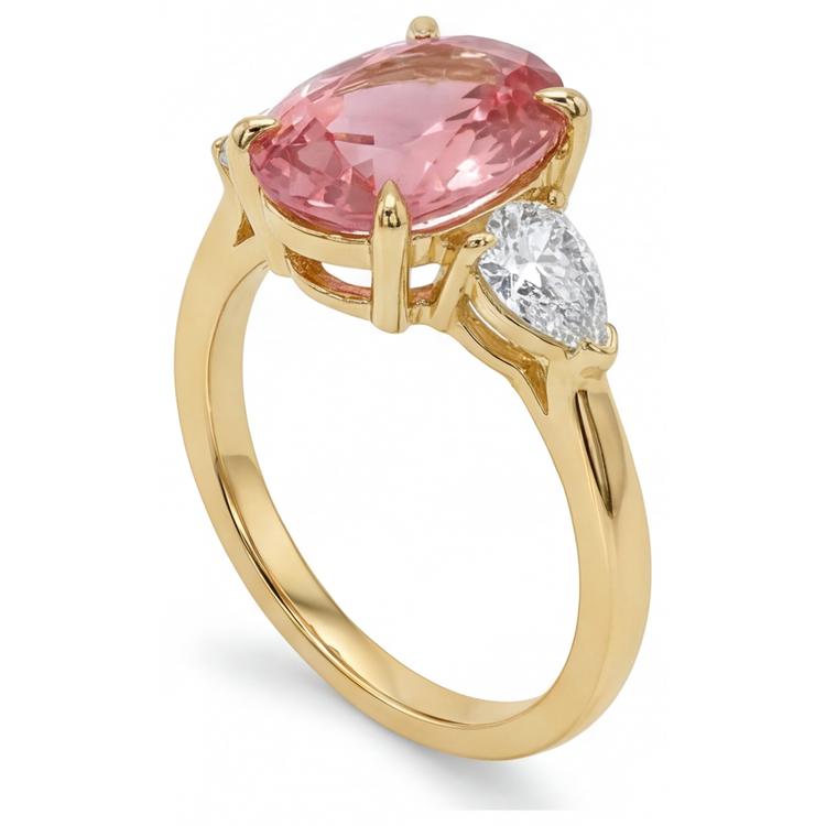 Bague trois pierres en Or Jaune 14 carats avec véritable saphir Padparadscha pêche ovale de 2,9 carats