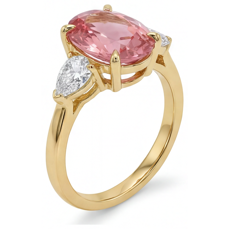 Bague trois pierres en Or Jaune 14 carats avec véritable saphir Padparadscha pêche ovale de 2,9 carats