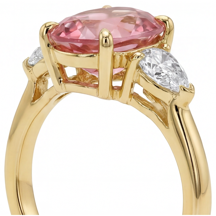 Bague Trois Pierres en Or Jaune 14K avec Véritable Saphir Padparadscha Pêche Ovale de 2,9 Carats