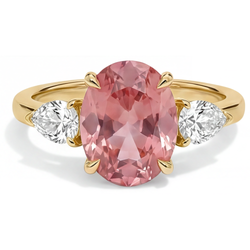 Bague Trois Pierres en Or Jaune 14K avec Véritable Saphir Padparadscha Pêche Ovale de 2,9 Carats