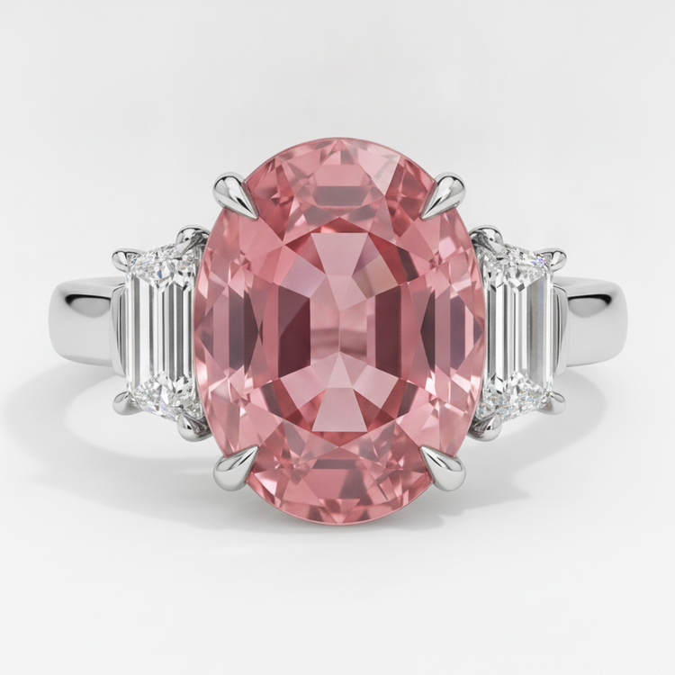 Bague trois pierres en platine avec saphir Padparadscha véritable ovale de 3,6 carats et trapèzes blancs