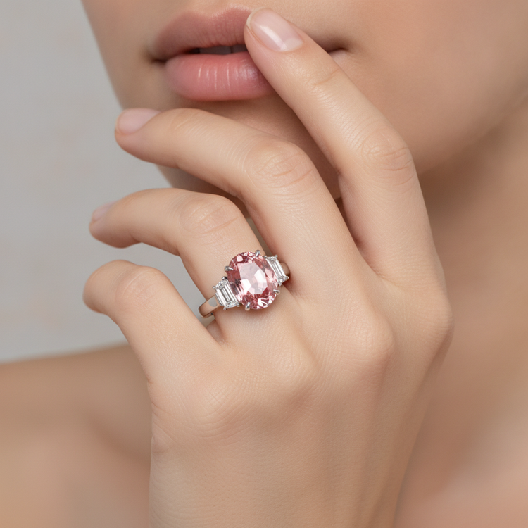 Bague trois pierres en platine avec saphir Padparadscha ovale véritable de 3,6 carats et trapèzes blancs